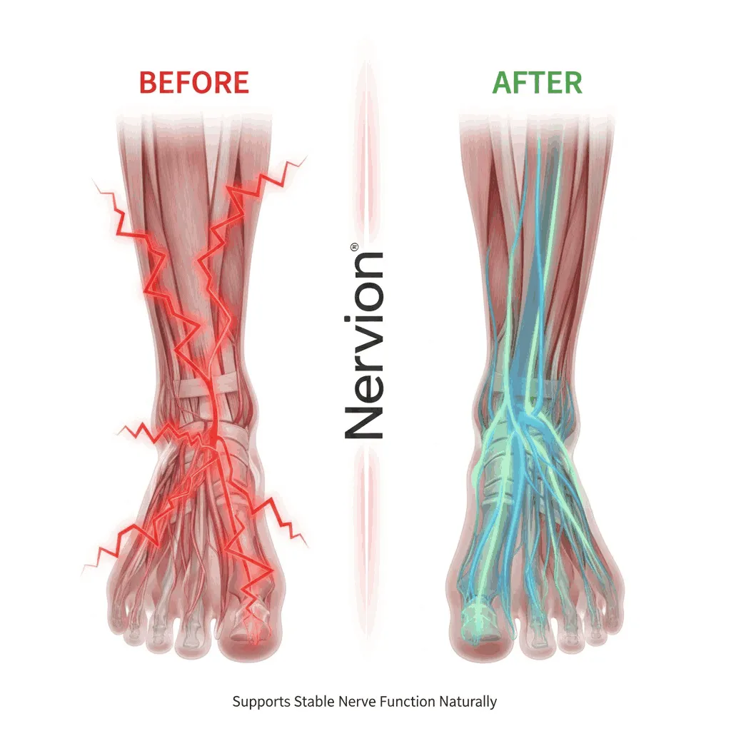 Illustration showing nerve function before and after nutritional support with Nervion — supports stable nerve function naturally