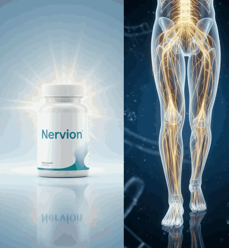Nervion supplement bottle with nerve system illustration showing how it supports neurological wellness